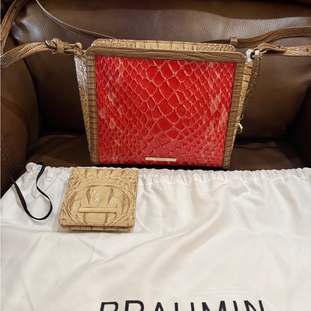 Brahmin Red and Tan Crossbody Bag with Matching Wallet